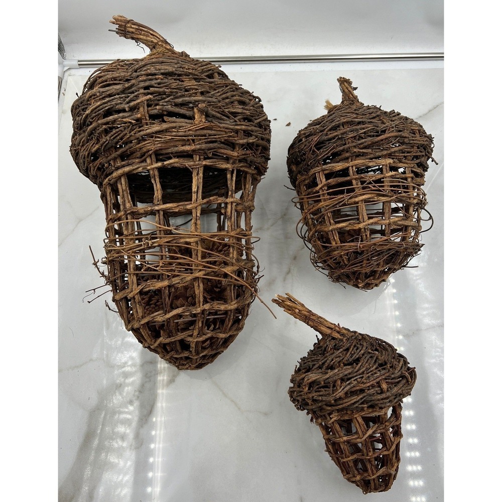 Rustic Woven Grapevine Acorn Decor Set of 3 Fall Harvest Woodland Brown